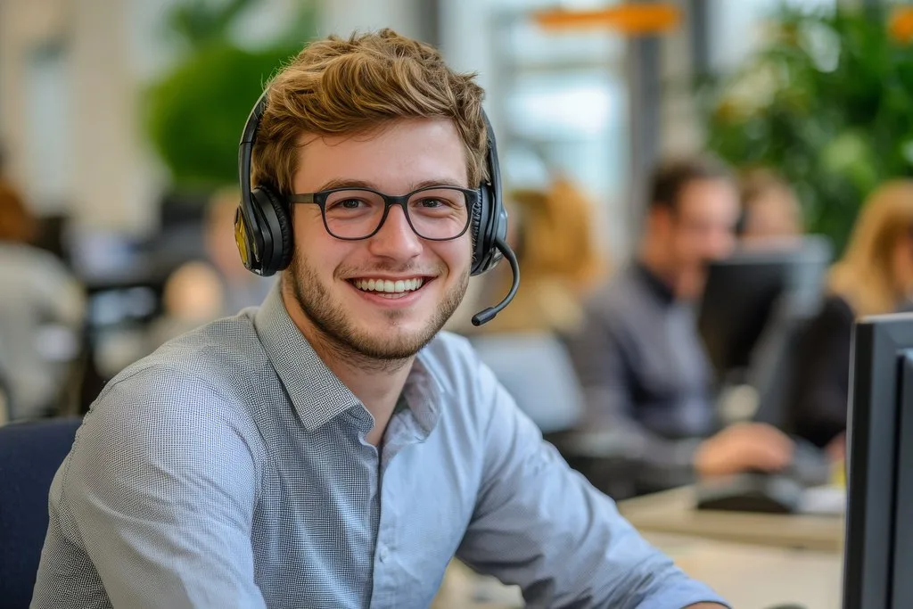Atendente sorridente com headset em uma central de atendimento