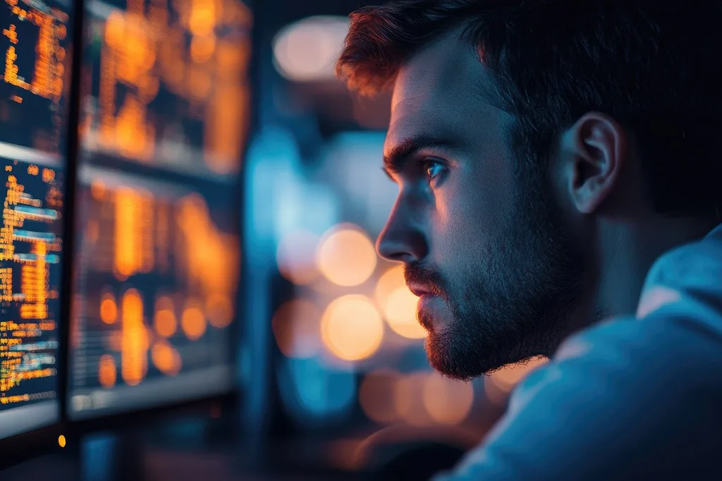 Homem analisando dados financeiros em monitores