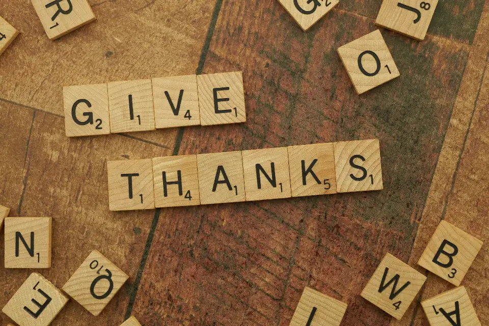 Peças de letras formando a palavra obrigado em inglês