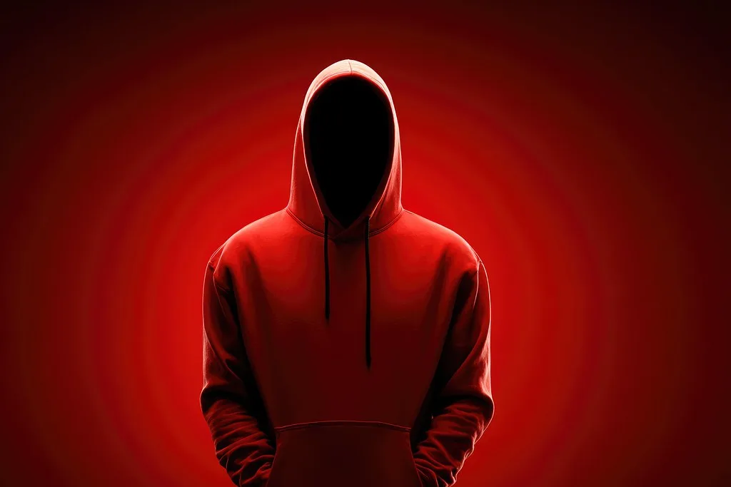 Pessoa de capuz vermelho sobre fundo vermelho, imagem de ameaça digital