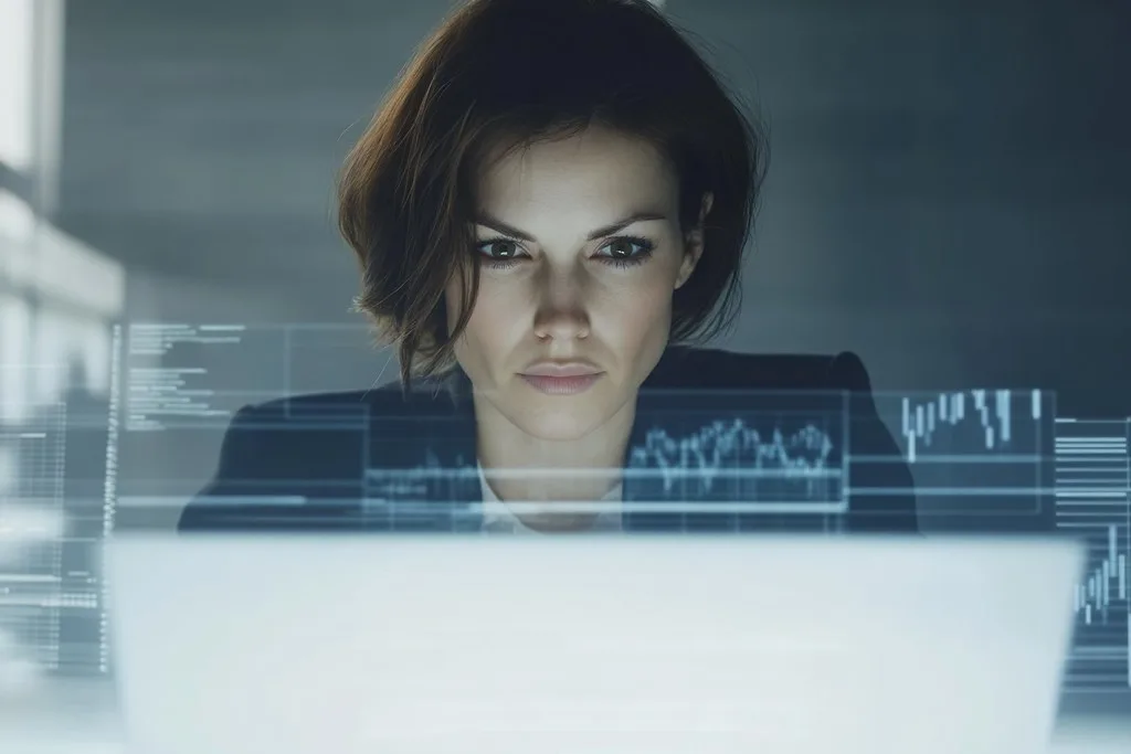 Mulher analisando estatísticas na tela do computador