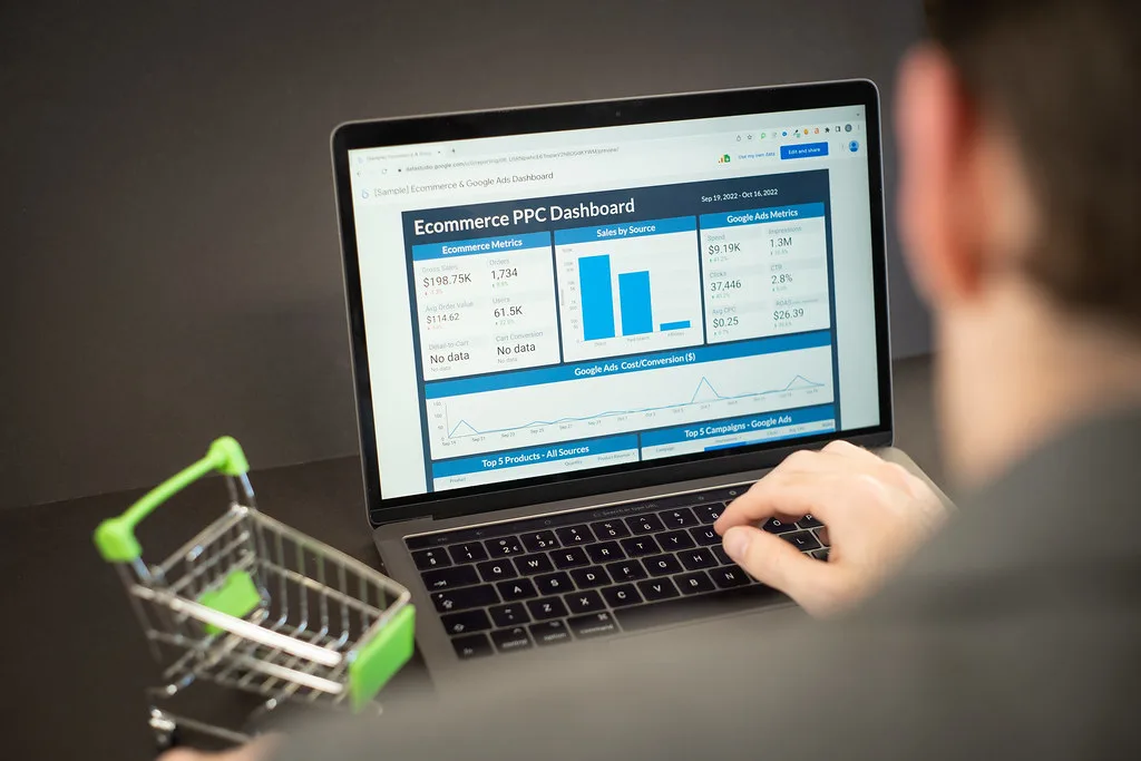 Pessoa analisando gráficos de tráfego de um site em um notebook